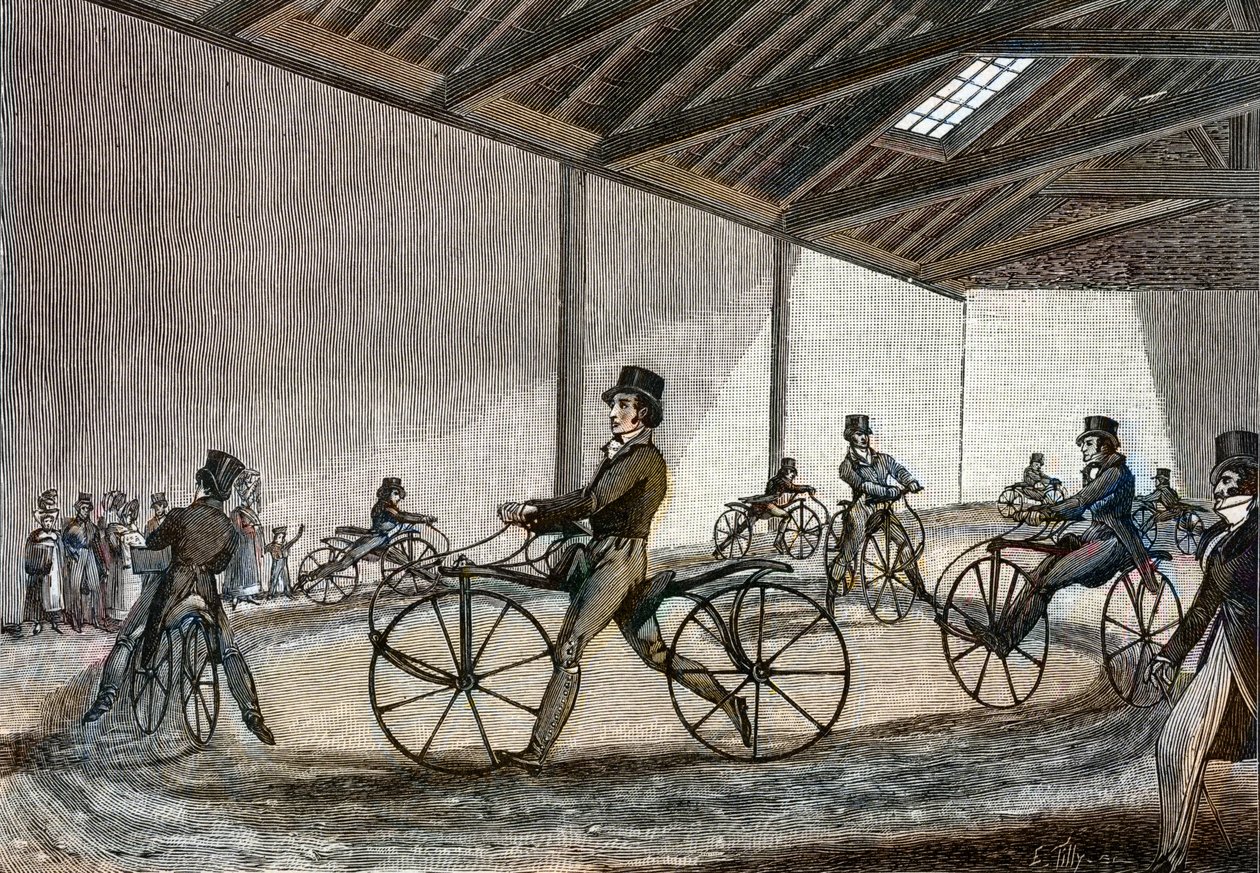 Widok wnętrza ujeżdżalni dla konia Hobby. Rowery prowadzące człowieka (rowery bez pedałów wynalezione przez barona Karla Drais autorstwa Unknown artist