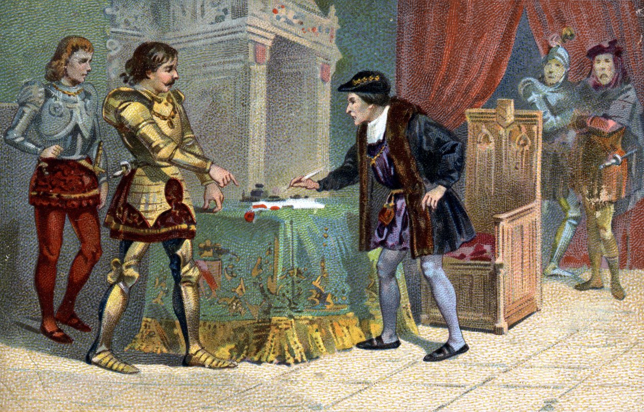 Wywiad z Ludwikiem XI (1423-1483), królem Francji i Karolem Śmiałym, księciem Burgundii, do Peronne w październiku 1468. Chromolitografia Liebiga z XIX wieku autorstwa Unknown artist