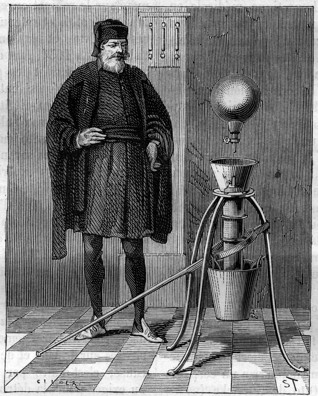 Wynalazek: Maszyna pneumatyczna autorstwa Otto de Guericke (Otto de Guericke) (1602-1686), niemieckiego wynalazcy. Grawerowanie w „La Nature” autorstwa Unknown artist