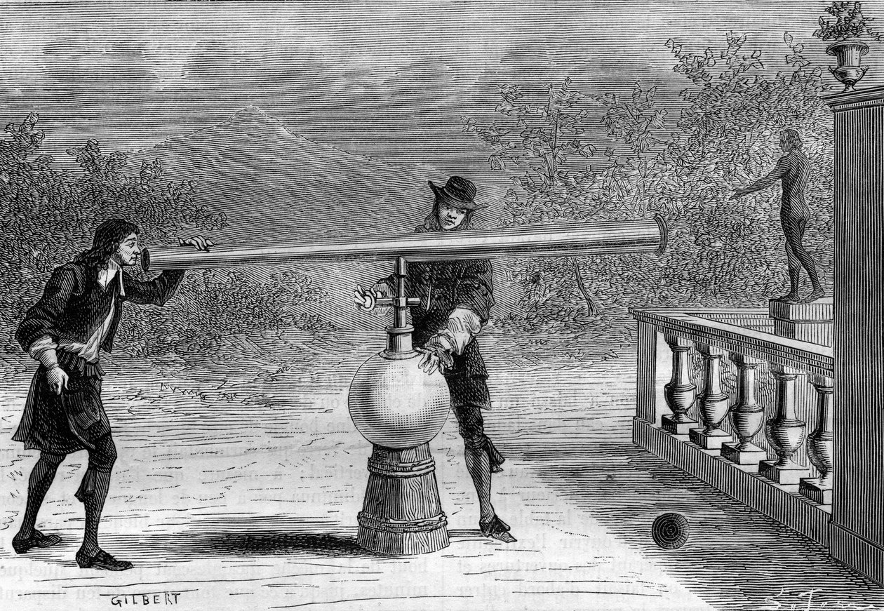 Wynalazek: Sarbacan lub pistolet pneumatyczny autorstwa Otto von Guericke (Otto de Guericke) (1602-1686), niemieckiego wynalazcy. Grawerowanie w „La Nature” autorstwa Unknown artist