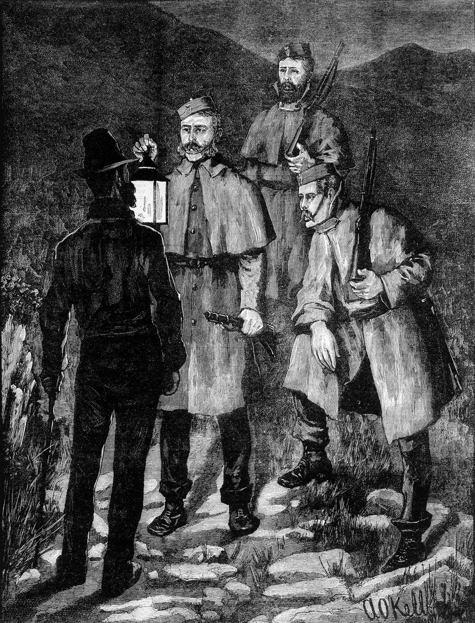 Irlandzki patrol policyjny kontrolujący podejrzanego (1881). autorstwa Unknown artist