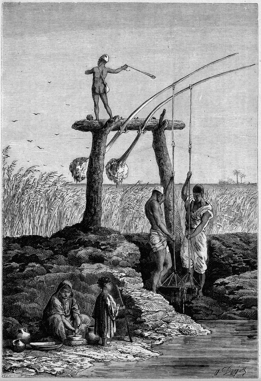 Nawadnianie w Egipcie: chadoufs (lub shadoufs) na brzegach Nilu. Grawer w „” Le Monde Illustré”” nr 1313 z 27 maja 1882 r. autorstwa Unknown artist