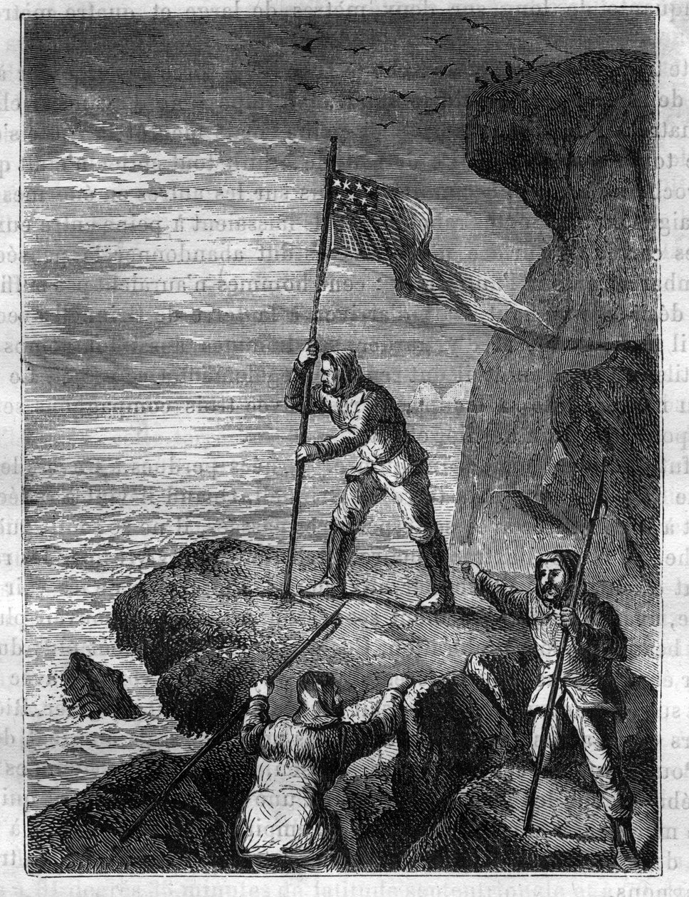 Isaac Israel Hayes (1832-1881), amerykański badacz Arktyki, umieszczający narodową flagę USA na wybrzeżu Oceanu Arktycznego podczas swojej wyprawy w poszukiwaniu rzekomego Otwartego Morza Polarnego - Isaac Israel Hayes (1832-1881) noszący amerykańską flagę autorstwa Unknown artist