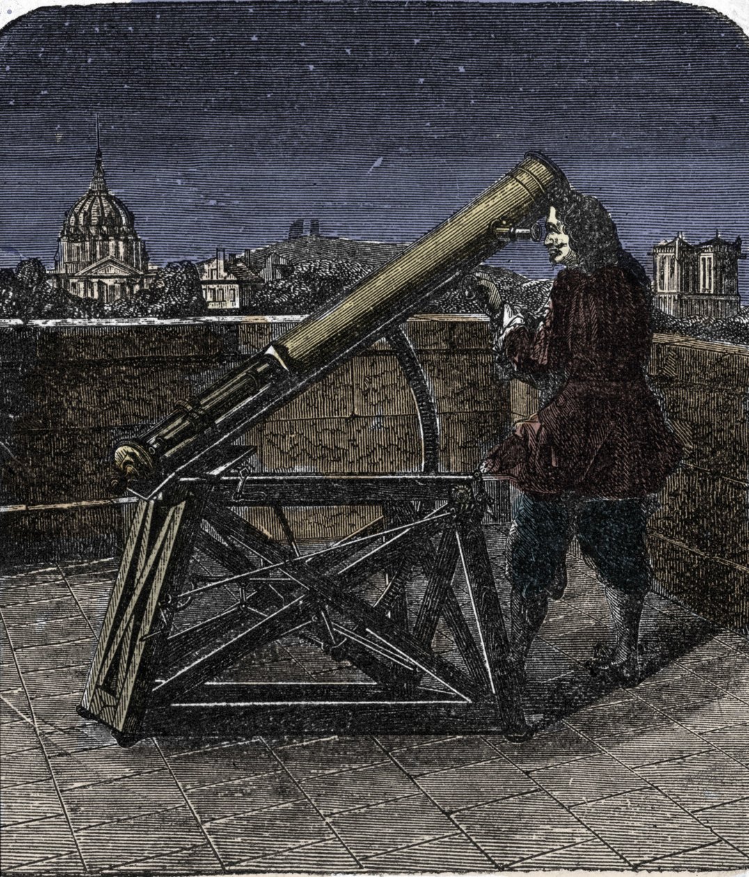 Isaac Newton (1642-1727) Angielski fizyk używający swojego teleskopu. autorstwa Unknown artist