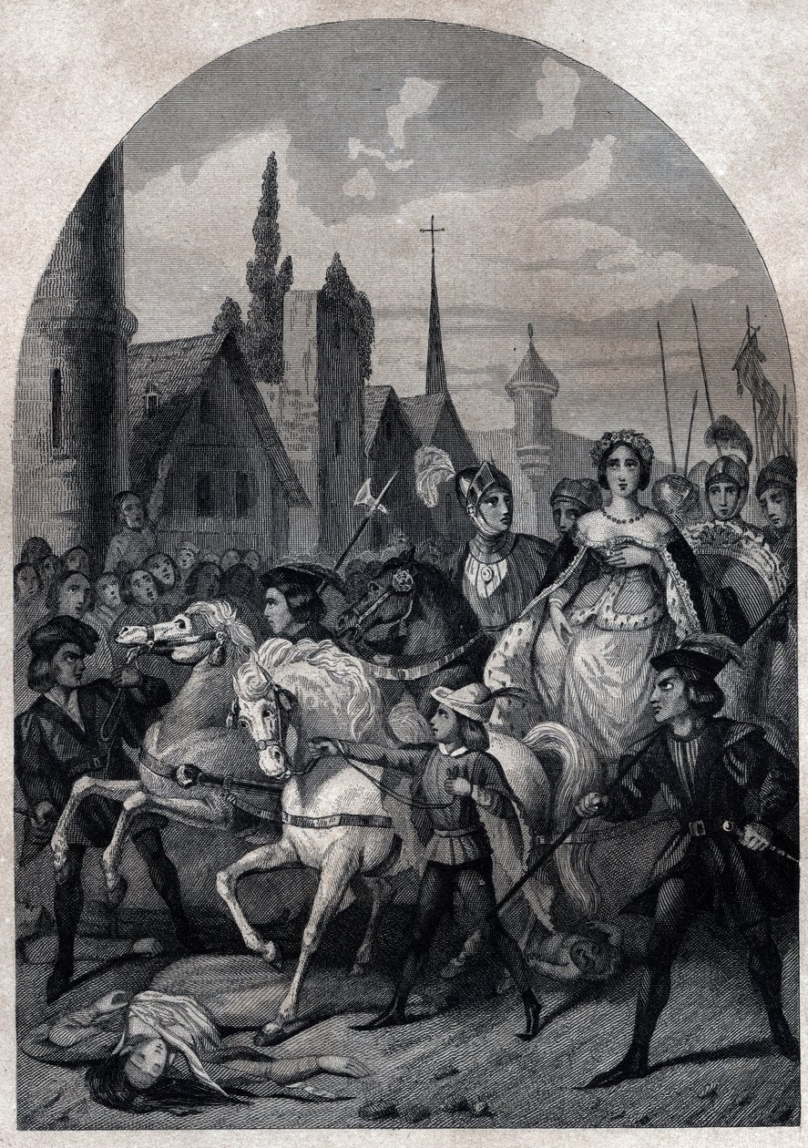 Izabela Bawarska (1371-1435) wkraczająca do Paryża w 1389 r. - Entree de la Reine de France Isabeau (Isabelle, Elisabeth) de Baviere (1371-1435) a Paryż - Rycina z 1842 r. w „Histoire des Popes: Zbrodnie, morderstwa, zatrucia, ojcobójstwo, cudzołóstwo, kaz autorstwa Unknown artist