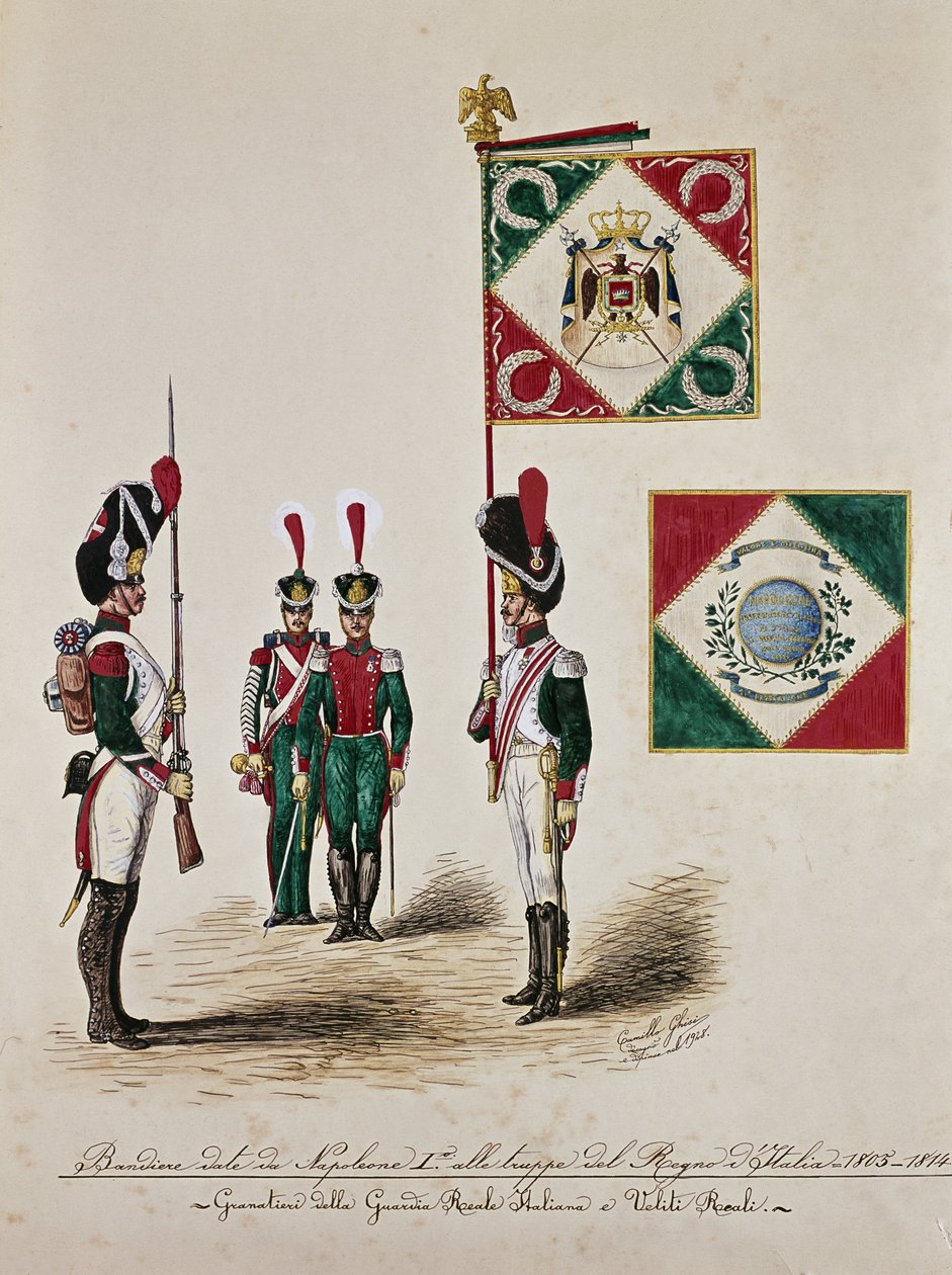 Flaga armii włoskiej z czasów Napoleona I (rycina autorstwa Unknown artist