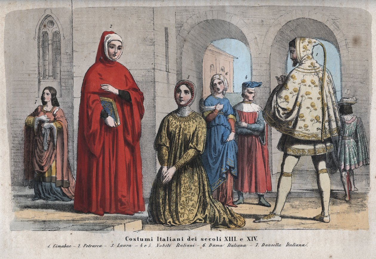 Moda włoska XIII i XIV w. - Cenni di Pepo, dit Cimabue (1240-1302) - Francesco Petrarca (Petrarcha) (1304-1374) - Laura de Noves (1310-1348) - Włoska szlachta - Włoszka - Włoska dama - Grawerowanie z „” Zwyczaje i tradycje wszystkich i autorstwa Unknown artist