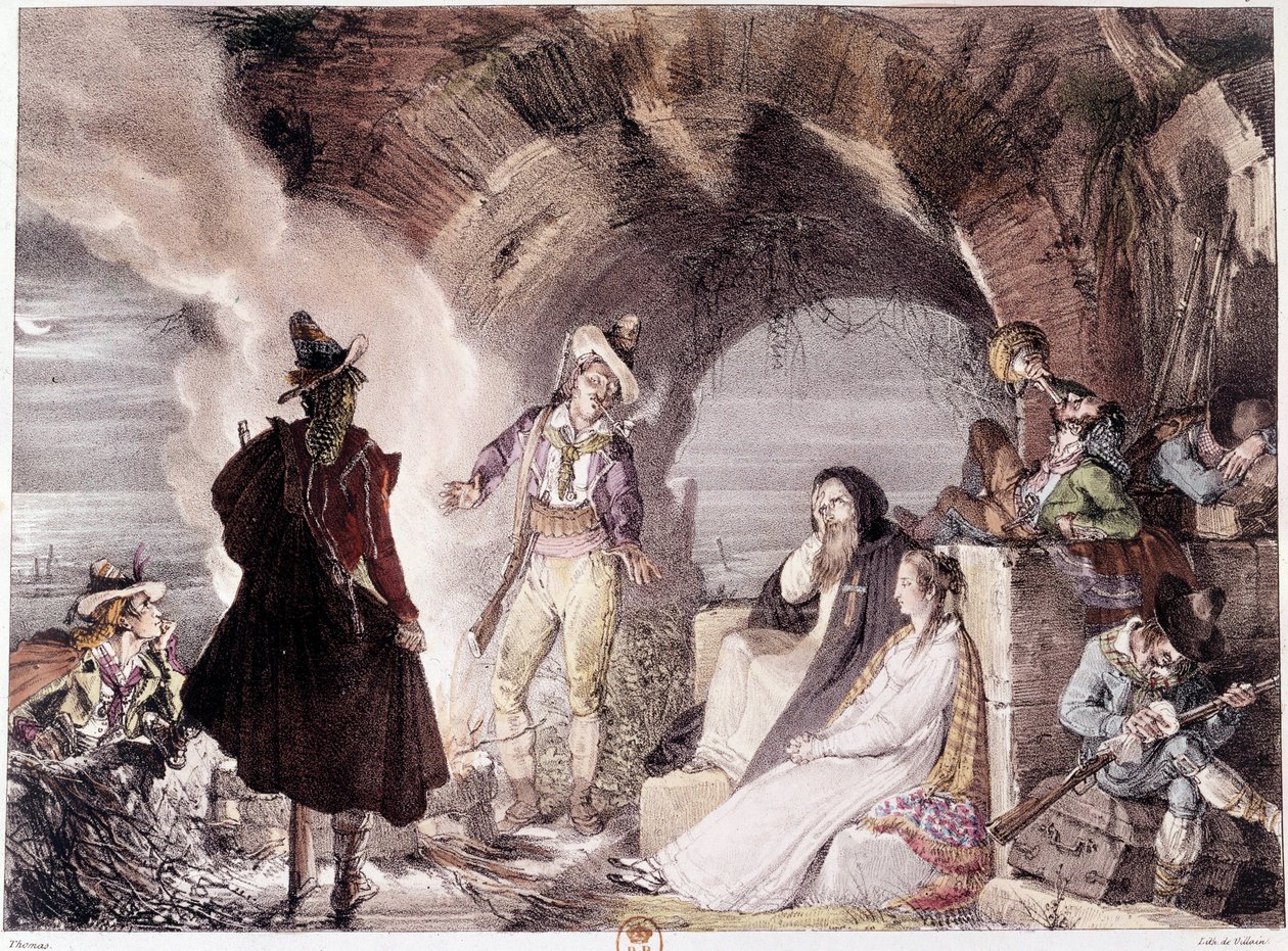 Włoscy rabusie. Bandyci, jedni piją, inni śpią. Rycina XIX wieku. Paryż, B.N. autorstwa Unknown artist