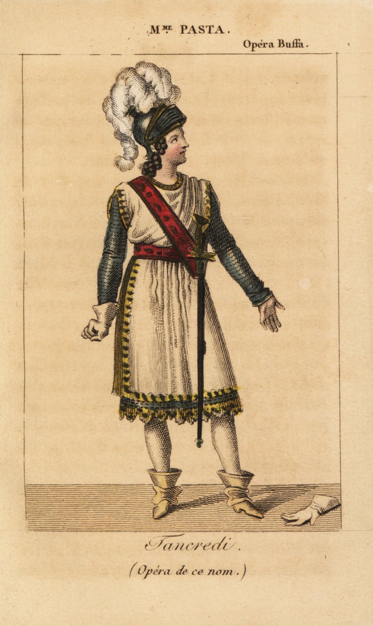 Włoska sopranistka Giuditta Pasta w głównej roli Tancredi w operze o tym samym tytule Gioachino Rossiniego wystawionej w Operze Buffa w Paryżu autorstwa Unknown artist