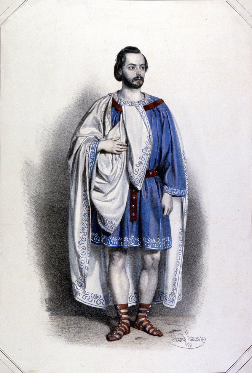 Włoski tenor Gaetano Fraschini (1816 - 1887) jako Foresto w „Atili” Giuseppe Verdiego. Kolorowa litografia autorstwa Eduarda Kaysera autorstwa Unknown artist