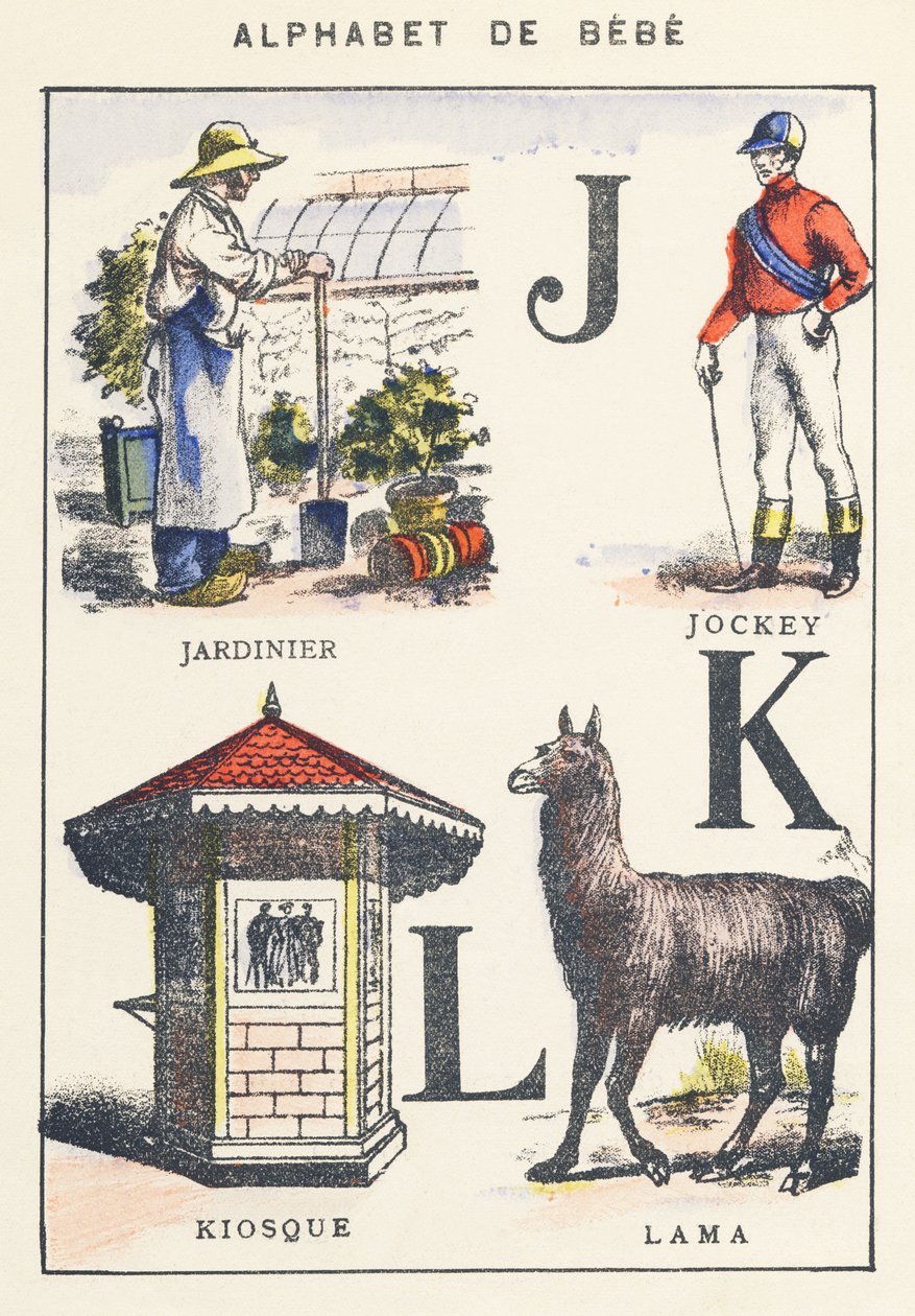J K L: ogrodnik, dżokej, kiosk, lama autorstwa Unknown artist