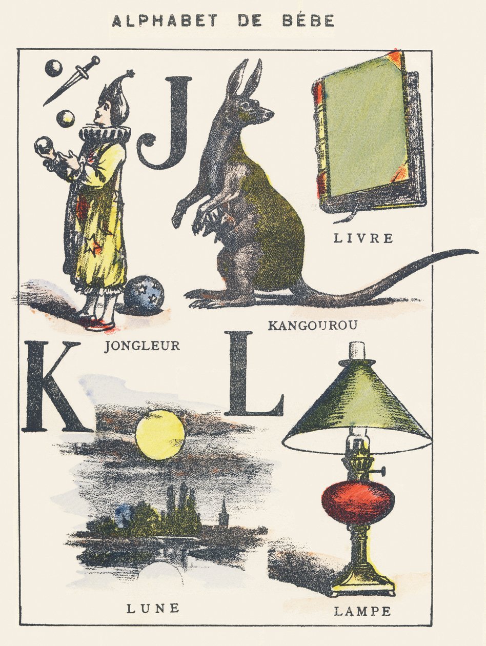 J K L: żongler, kangur, książka, księżyc, lampa autorstwa Unknown artist