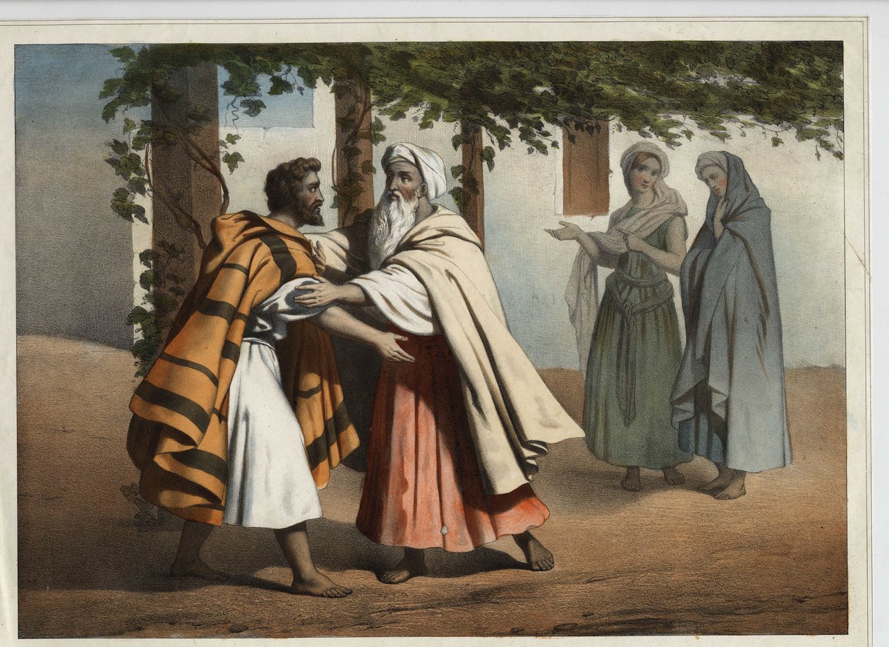 Jakuba uciekającego przed zemstą Ezawa, swego brata, powitał Laban. Anonimowy rycina z XIX wieku. autorstwa Unknown artist