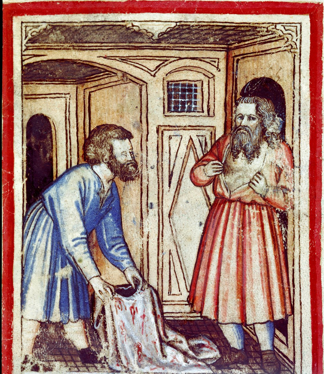 Jakub dowiaduje się o śmierci swojego syna Józefa, sprzedanego przez braci Egipcjanom Miniatura z kodeksu 212 (lub kodeksu padovano lub Biblii z Padwy) 1390-1400 Rovigo, Accademia dei Concordi autorstwa Unknown artist