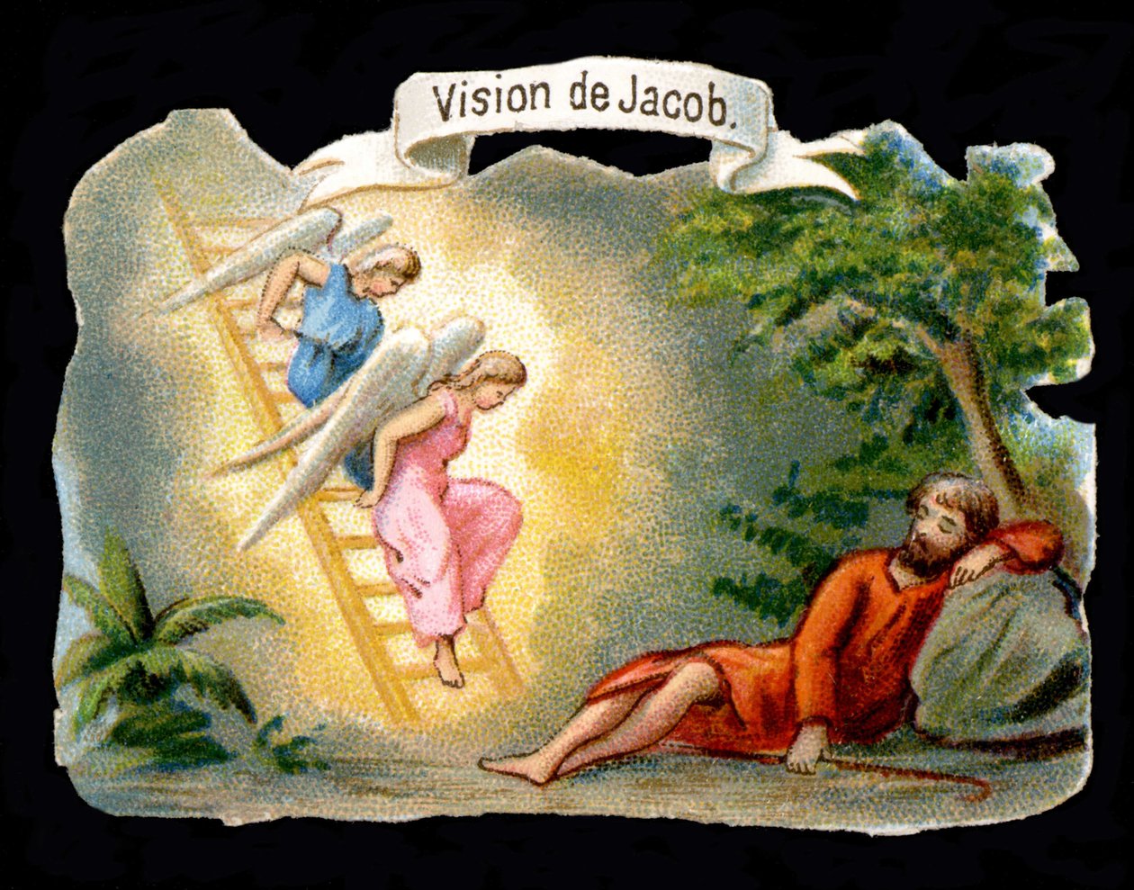 Wizja Jakuba reprezentowana przez aniołów schodzących z nieba po drabinie. Chromolitografia XIX wieku. autorstwa Unknown artist