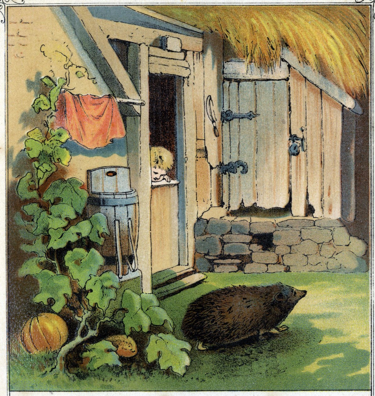 Jacques obserwuje herisson przechodzącą przez dziedziniec jego domu. Chromolitografia z „”Sceny enfantines””, wyd. Guerin - Muller około 1885 roku. autorstwa Unknown artist