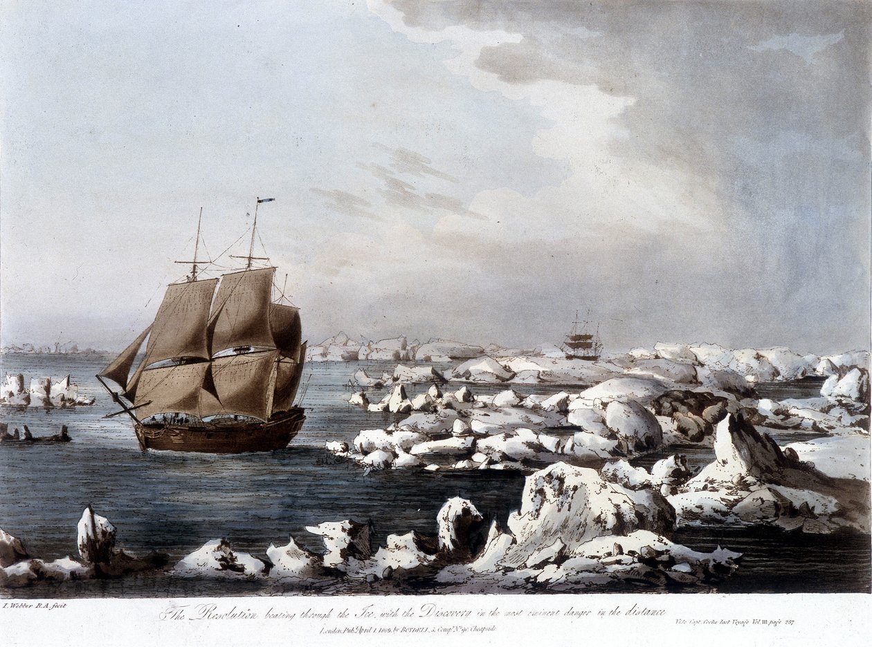 Rejsy Jamesa Cooka: na pierwszym planie łódź Postanowień, a w tle Odkrycie złapane w lodzie - w „Ostatni rejs kapitana Cooka”, tom. III. autorstwa Unknown artist