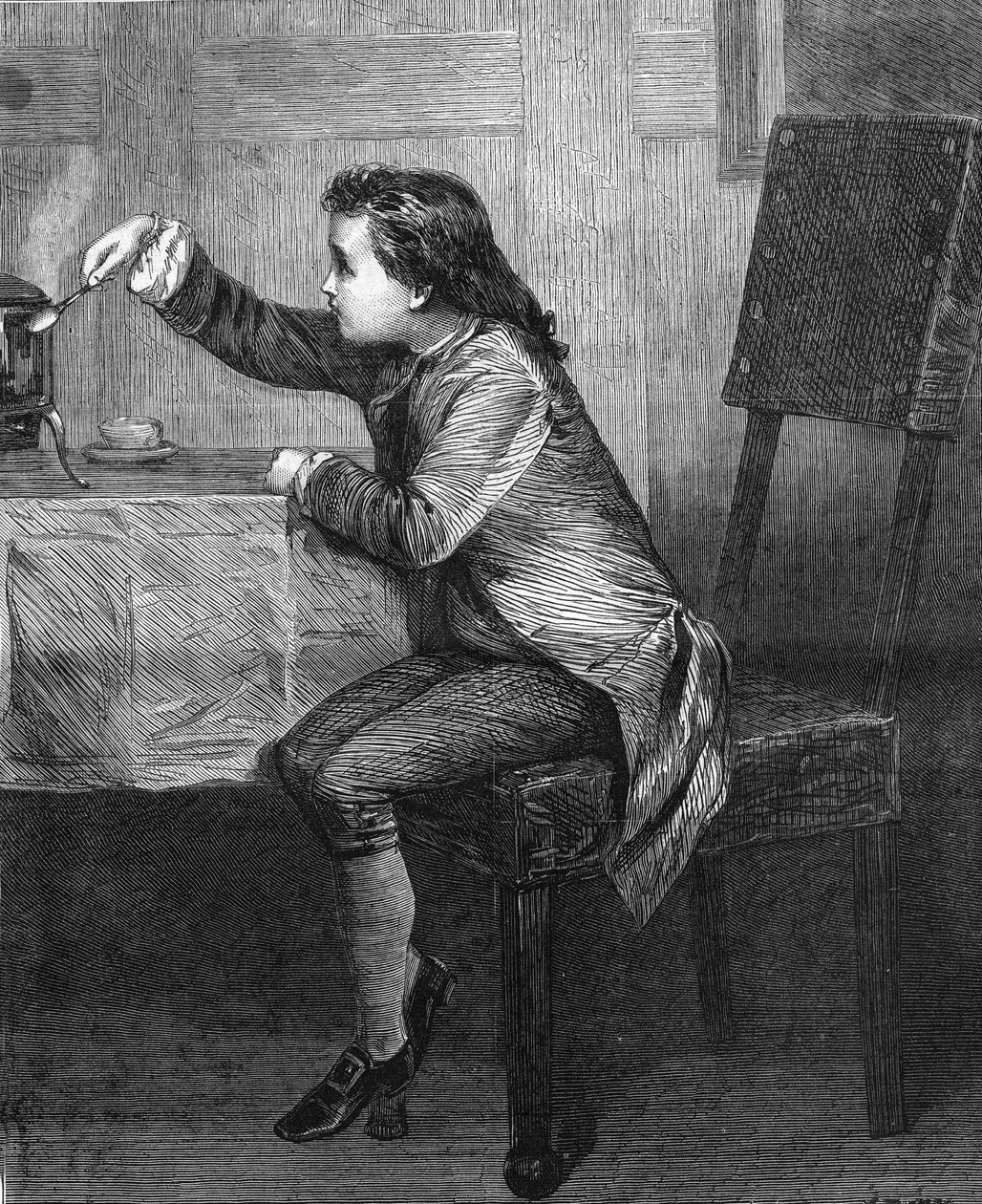 James Watt (1736-1819) dziecko odkrywające prawa pary. Rycina z 1868 roku według obrazu Marcusa Stone