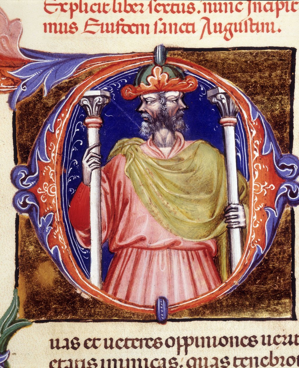 Janus, rzymskie bóstwo, dwie przeciwstawne twarze - z rękopisu „De civitate dei” św. Augustyna, początek XV wieku. Biblia Miejska z Rimini. autorstwa Unknown artist