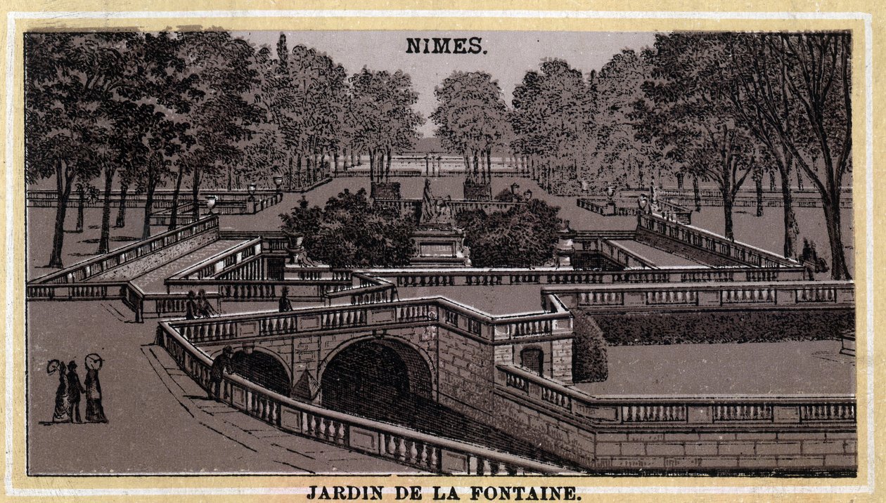 Jardin de la Fontaine w Nimes (Gard, Langwedocja-Roussillon). Chromolitografia z końca XIX wieku. autorstwa Unknown artist