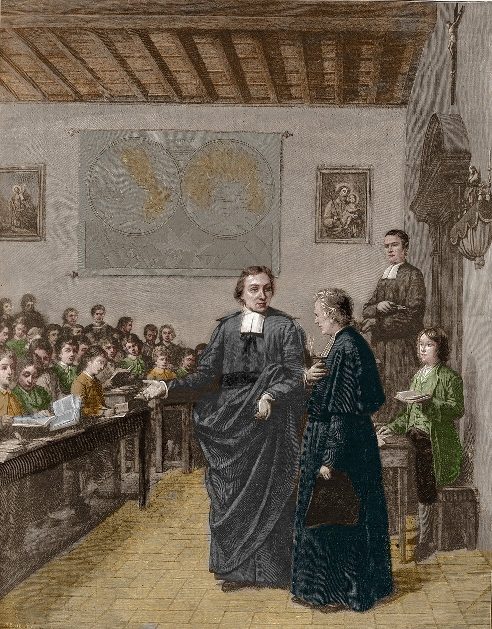 Jean Baptiste De La Salle (Jean-Baptiste) (1651-1719) Francuski zakonnik, założyciel zgromadzenia braci Szkół Chrześcijańskich, pokazując jedną ze swoich szkół M. de La Chetardie. Rycina z końca XIX wieku. autorstwa Unknown artist