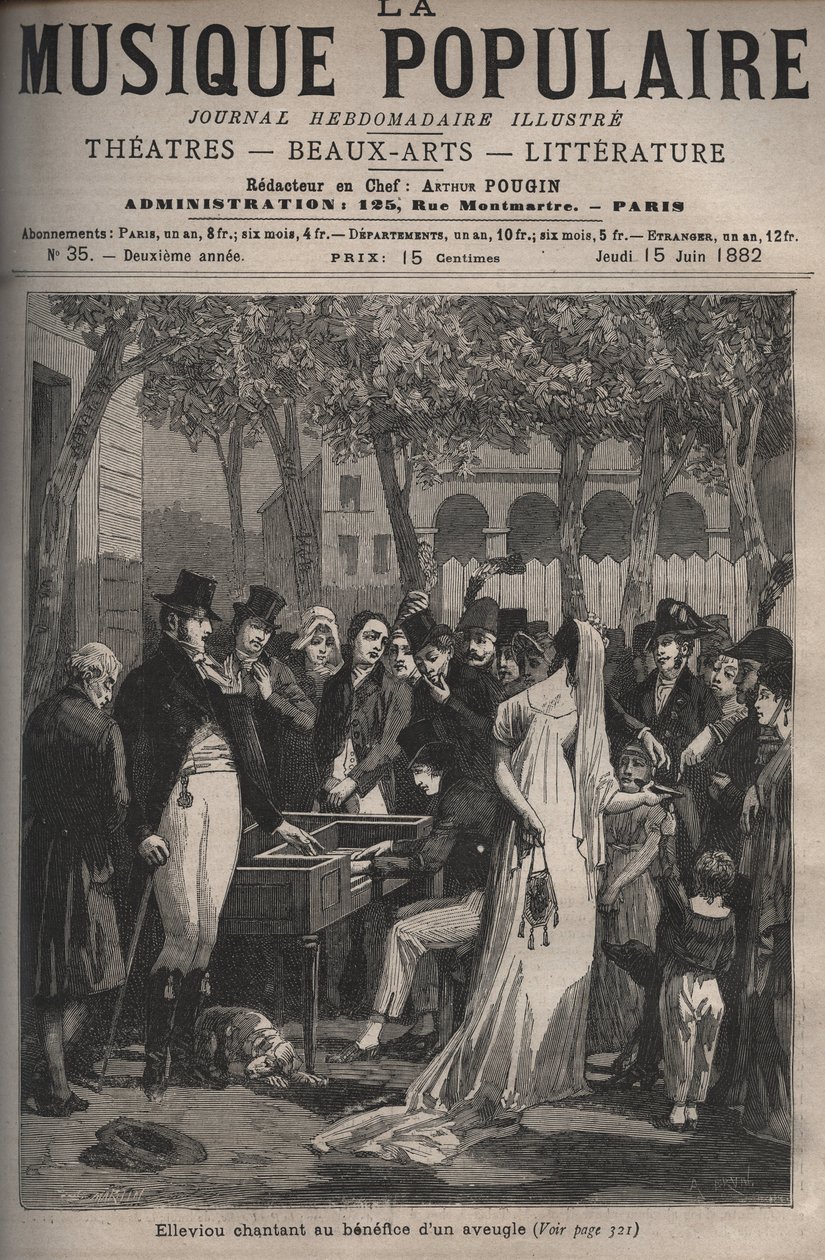 Jean Elleviou, francuski piosenkarz, komik i librecista (1769-1842) śpiewający na rzecz niewidomego w 1801 roku na Polach Elizejskich - grawerunek w tygodniku „La musique populaire” „znakomity” - 1882 autorstwa Unknown artist