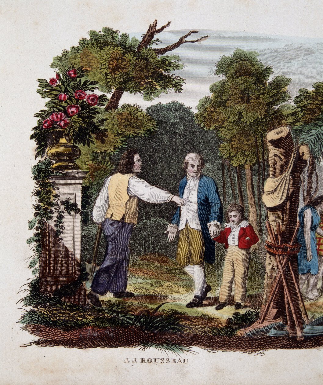 Jean Jacques Rousseau z dzieckiem, przełożony przez chłopa autorstwa Unknown artist