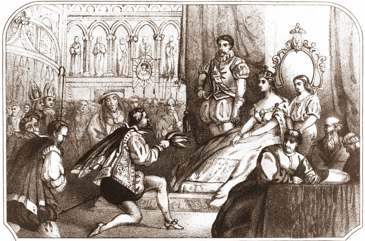 Jean Nicot przedstawiający tytoń Katarzynie Medycejskiej (Caterina de Medici) i Wielkiemu Przeorowi Domu Lotaryńskiego. Litografia z XVI wieku około 1868 roku. autorstwa Unknown artist