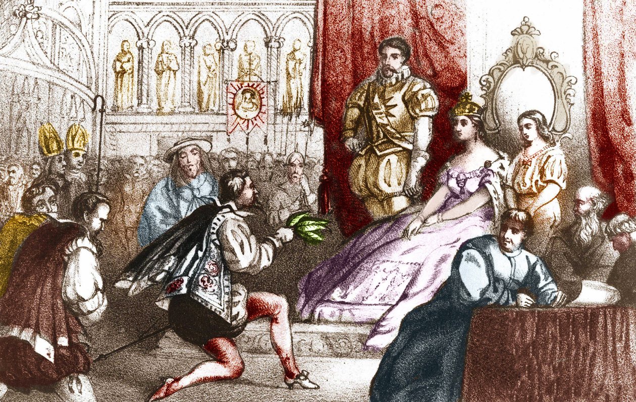 Jean Nicot wręcza roślinę tytoniu Katarzynie Medycejskiej (Caterina de medici) i Wielkiemu Przeorowi Domu Lotaryńskiego. 16 wiek. Rycina XIX wieku autorstwa Unknown artist