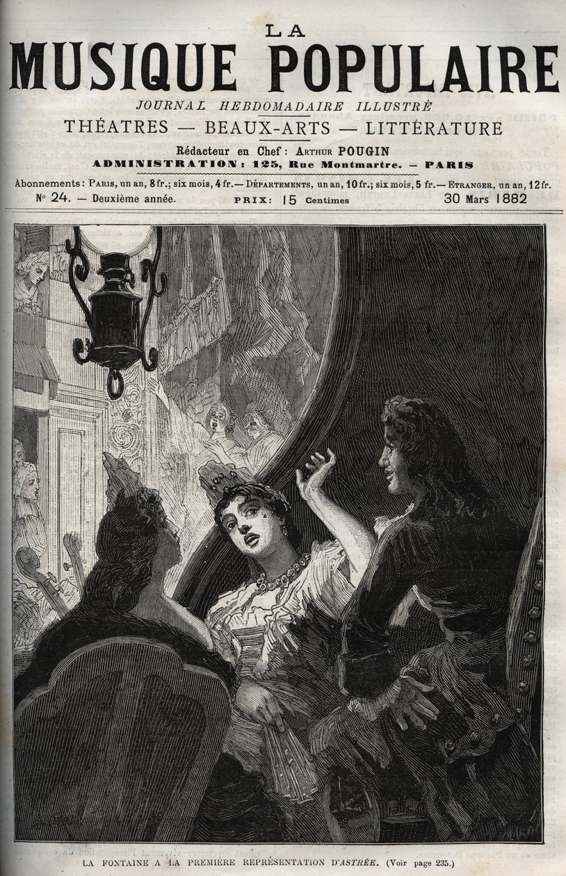 Jean de La Fontaine (Lafontaine) na premierowym przedstawieniu opery „Astree” Pascala Collasse (Colasse) (1649-1709) - grawerowanie w znakomitej gazecie tygodnika „La musique populaire” - 1882 autorstwa Unknown artist