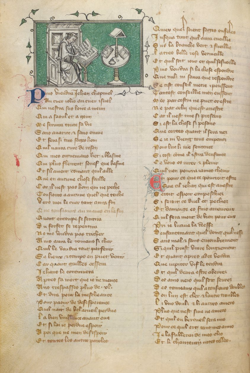 Jean de Meun pisze pierwsze słowa swojego wiersza (rozpoczynającego się na f. 28) w Roman de la Rose autorstwa Unknown artist
