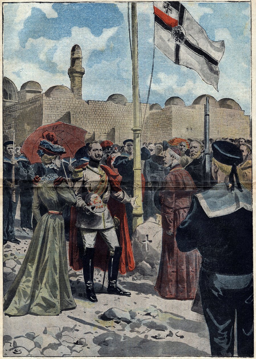 Jerozolima - Wszystkich Świętych 1898: Wilhelm II (1859-1941), cesarz Niemiec i król pruski, obejmuje w posiadanie ziemię „Zaśnięcia” w pobliżu Wieczernika dla swoich katolickich poddanych przed prałatem Luigi Piavi, patriarchą Jerozolimy . Ilustracja w autorstwa Unknown artist