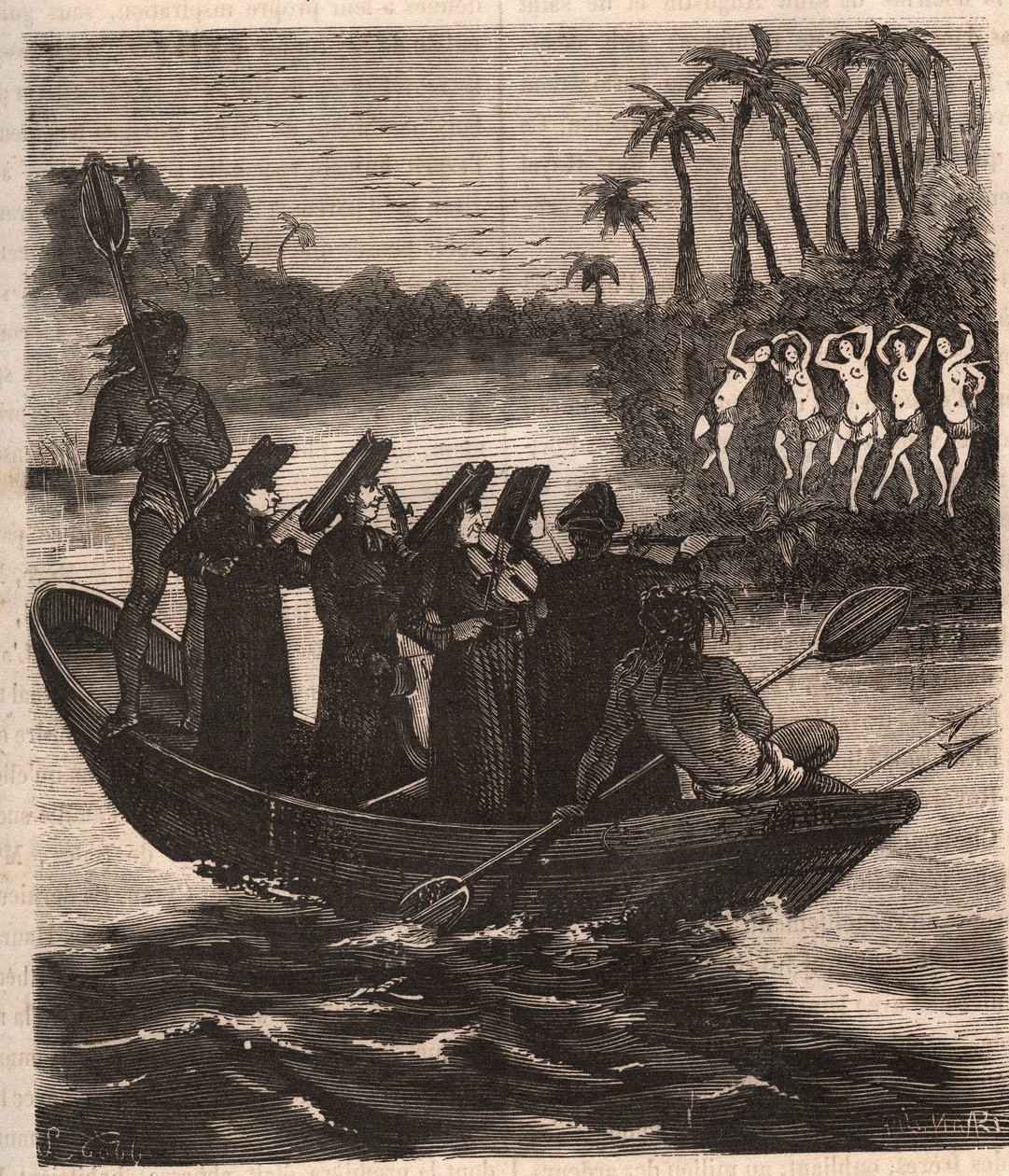 Misjonarze jezuiccy przybywają łodzią wśród Indian Guarani do Paragwaju w 1553 r. - Rycina z 1879 r. w „Historii tajnych, politycznych i religijnych stowarzyszeń” Pierre