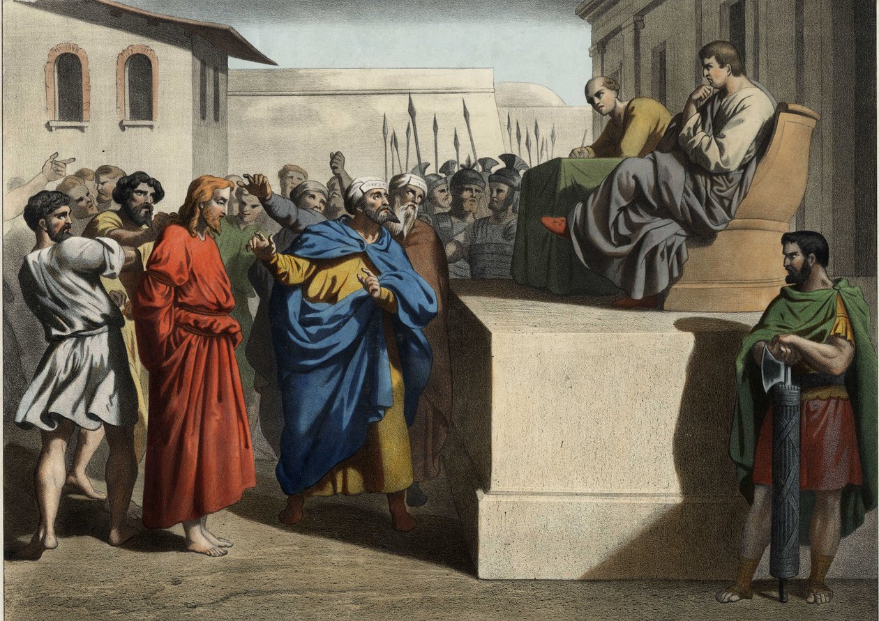 Jezus Chrystus przed Poncjuszem Piłatem (Pontius Pilatus). Anonimowy rycina z połowy XIX wieku. autorstwa Unknown artist