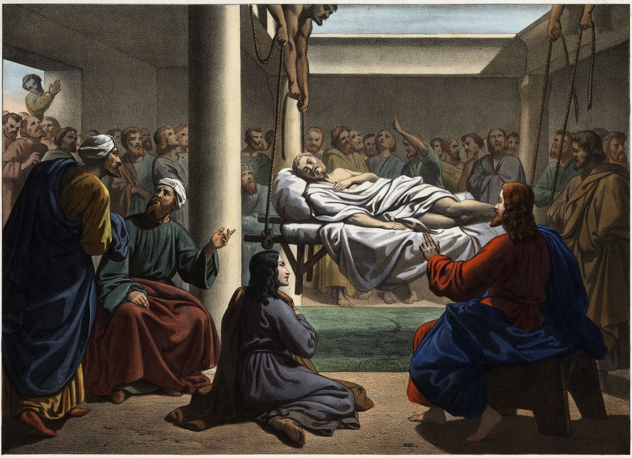 Jezus uzdrawia paralityka Bethesdy. Anonimowy rycina z połowy XIX wieku. autorstwa Unknown artist