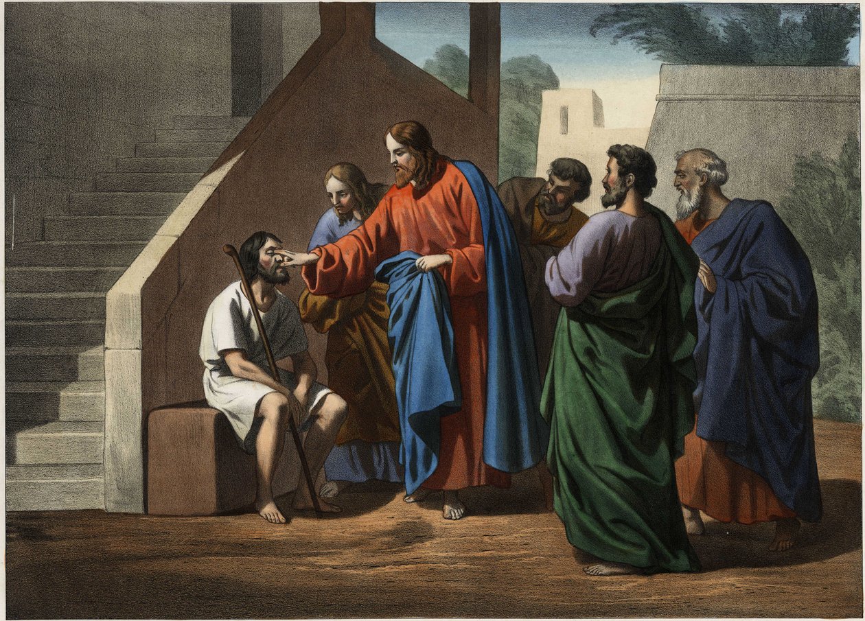 Jezus wojownik niewidomy od urodzenia. Anonimowy rycina z połowy XIX wieku. autorstwa Unknown artist