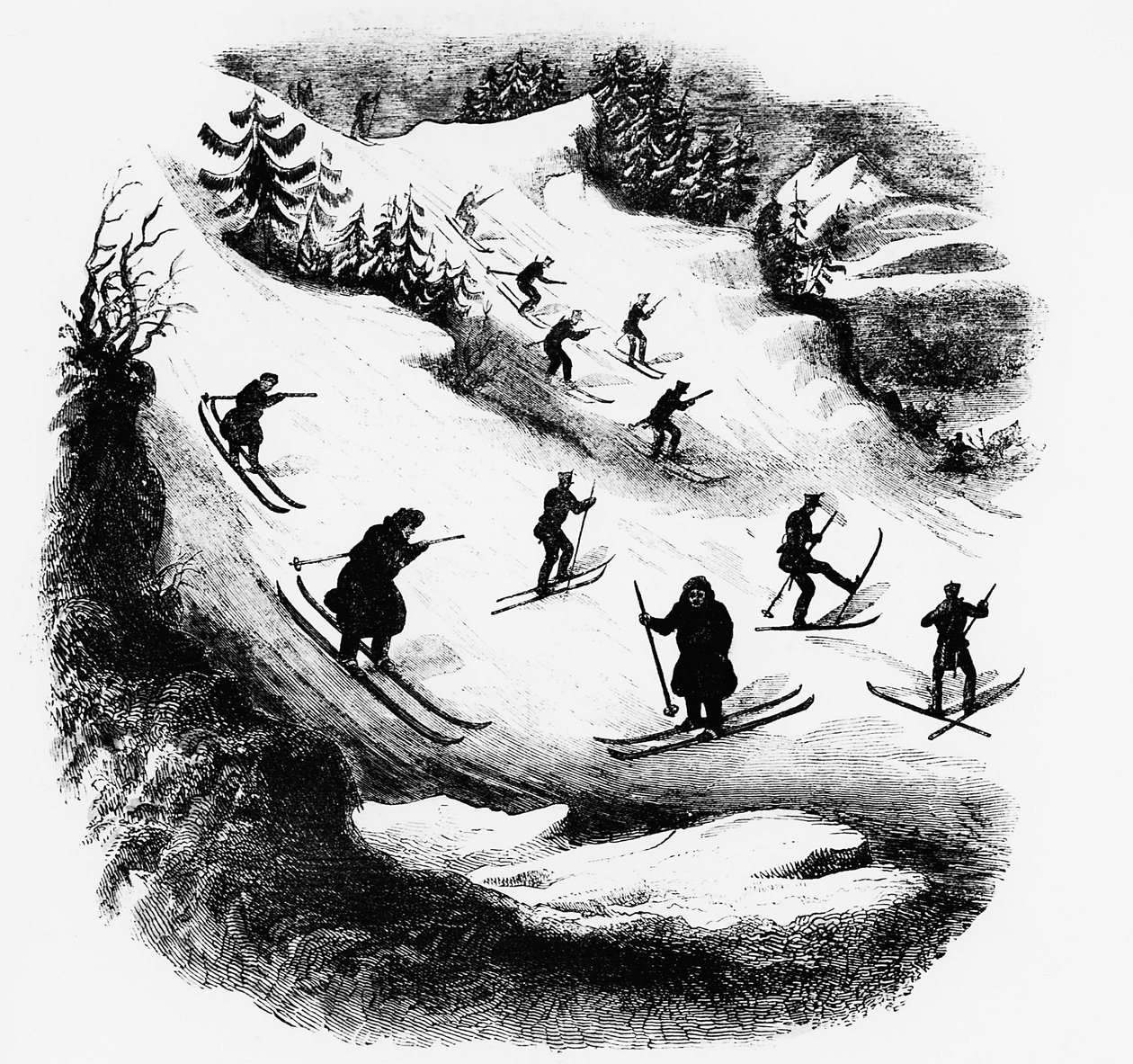 Jeux du Nord: narciarze ścieżką - grawer, koniec XIX wieku. autorstwa Unknown artist