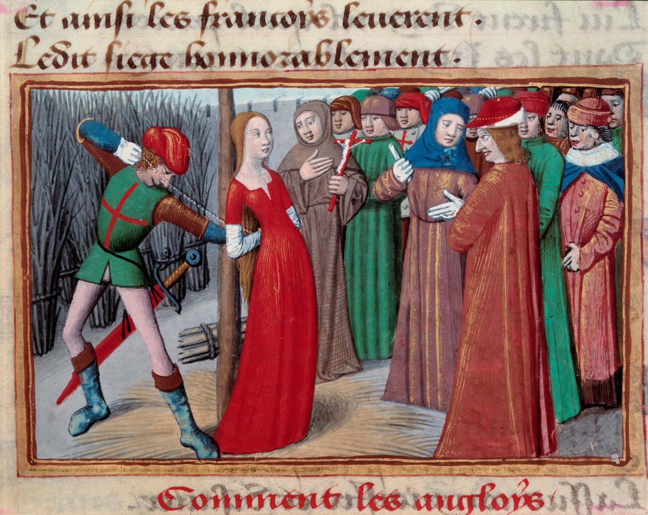 Joanna smyczkowa (1412 -1431), zainstalowana na rzeźniku. Miniatura z rękopisu „”Vigilles du roi Charles VII”” Martial d