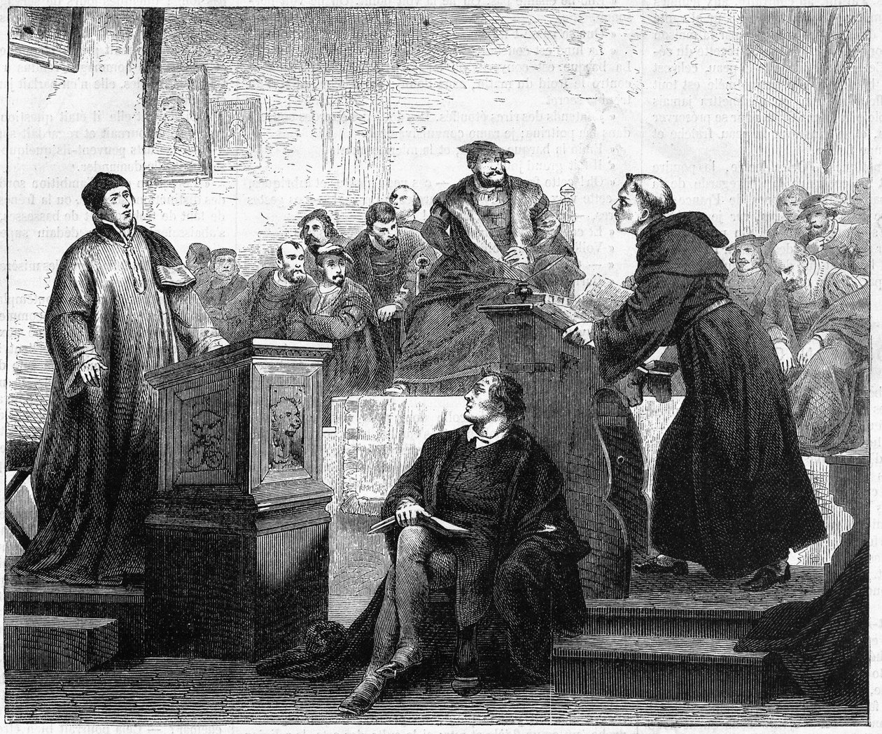 Johann Maier znany jako Johann Eck (1486-1543), niemiecki teolog katolicki i Marcin Luter (1483-1546), niemiecki teolog protestancki i reformator w Pleissenburgu w 1519 r. autorstwa Unknown artist