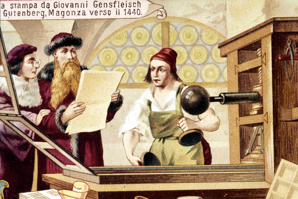 Johannes Gensfleisch Gutenberg (1400-1468). ok. 1440. XIX-wieczna chromolitografia. autorstwa Unknown artist