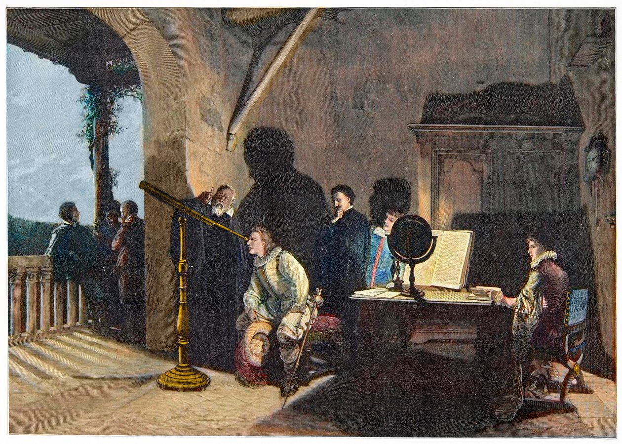 John Milton (1608-1674) odwiedzający Galileo Galilei podczas włoskiej podróży Miltona w latach 1638-1639. rytownictwo autorstwa Unknown artist