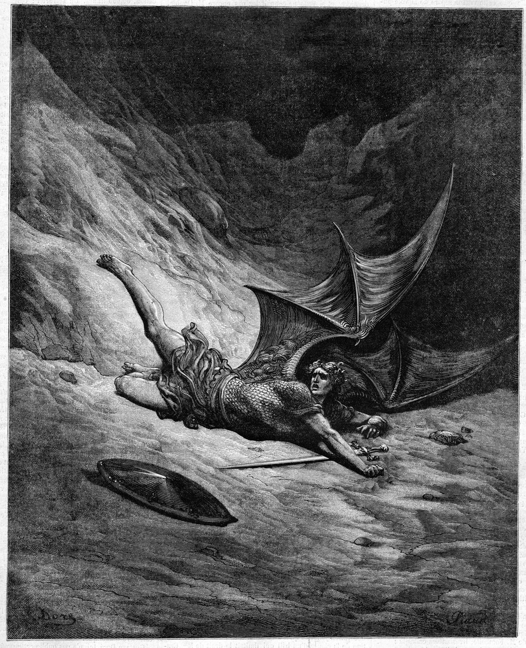 Utracony raj Johna Miltona (1608-1674). Szatan wpadł do szałasu. Ilustracja autorstwa Gustave
