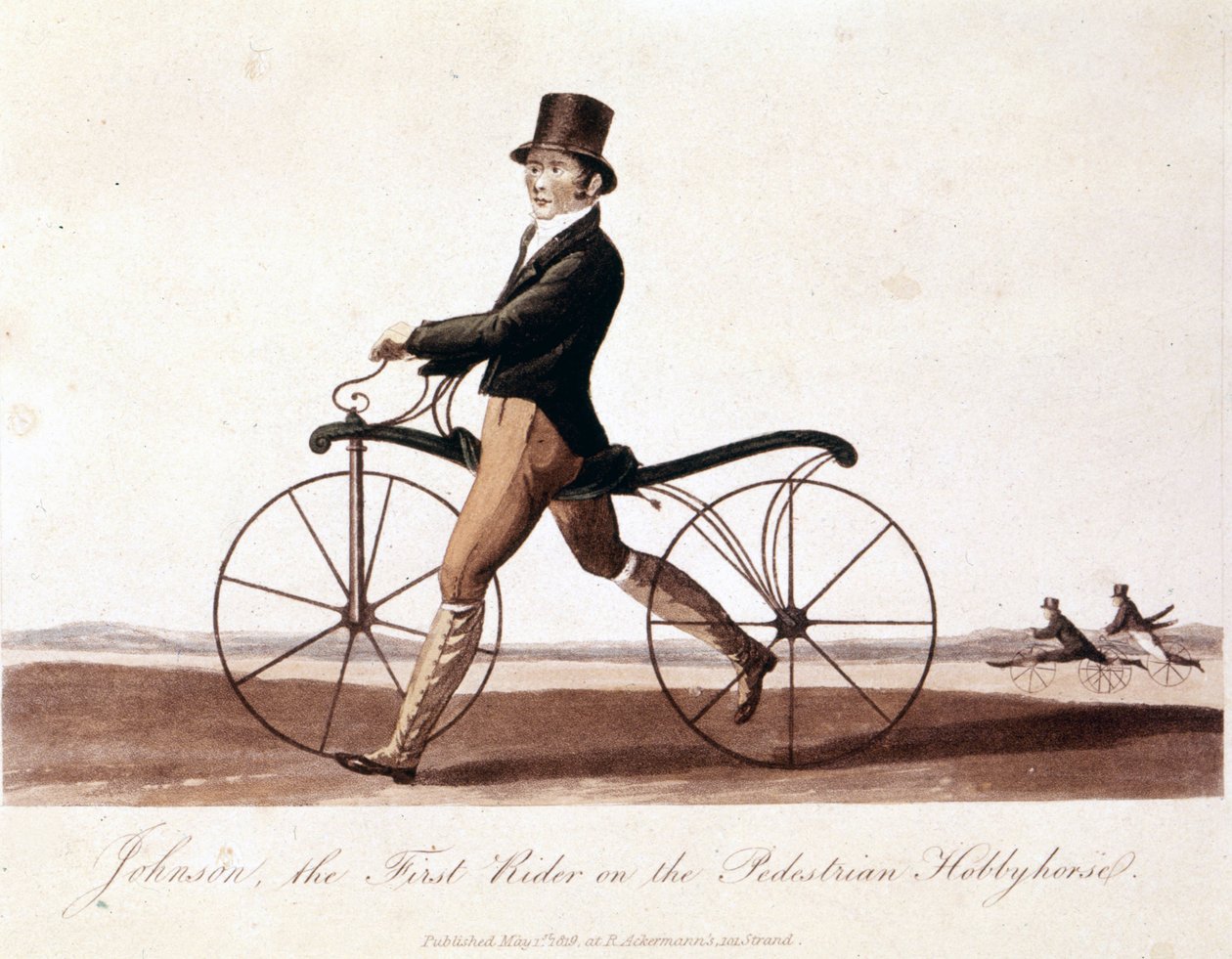 Johnson na rowerze. To model wymyślony przez barona von Drais: Draisienne. Wykonano ją z drewna i nie było jeszcze pedałów. Litografia kolorowa z 1819 r autorstwa Unknown artist