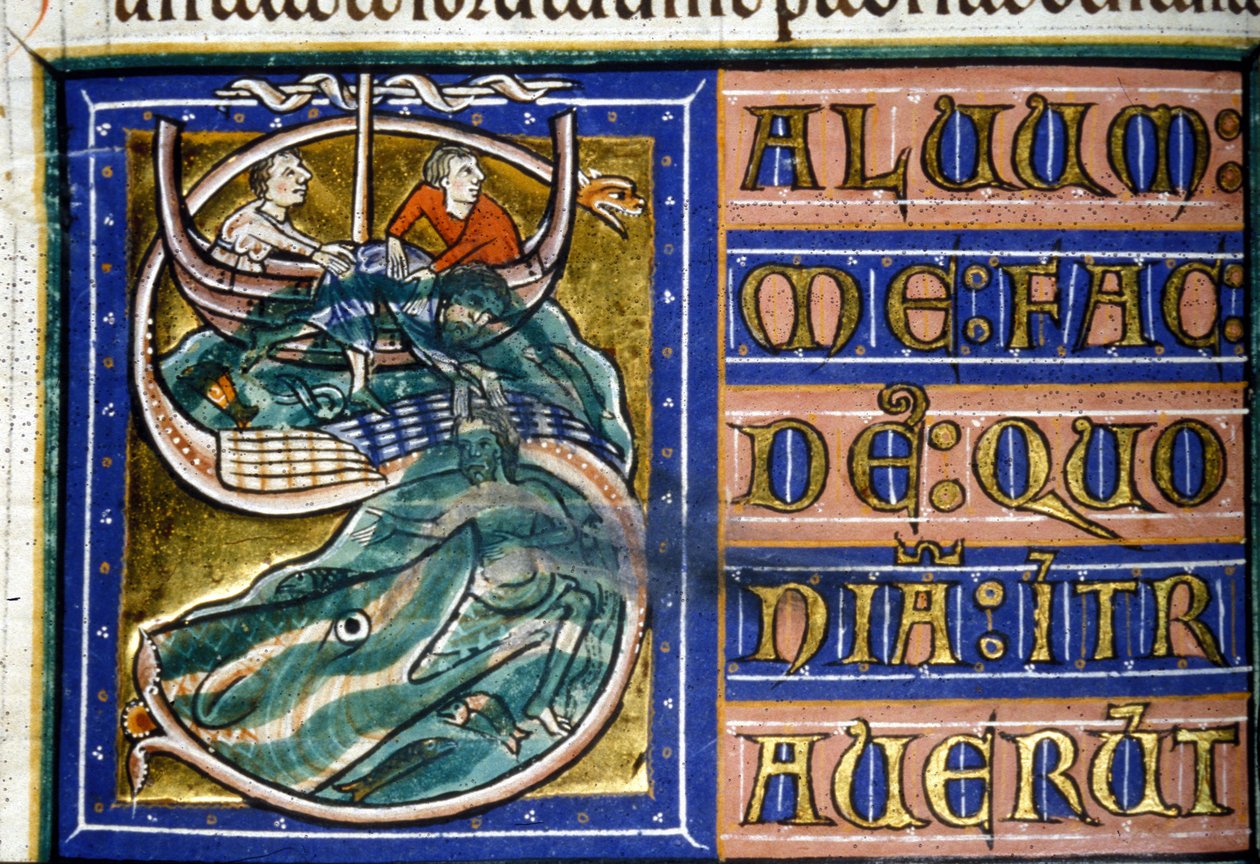 Jonasz zostaje wrzucony do morza i pożarty przez ogromną rybę. Rękopis z XIV wieku. Biblia Miejska Vercellego. autorstwa Unknown artist