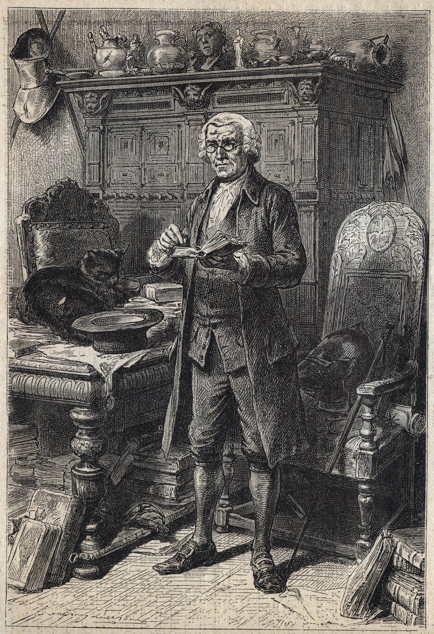 Jonathan Oldenbuck (lub Aldinbbuck) - XIX-wieczna ilustracja do powieści Waltera Scotta „Antykarium” (1771-1832) autorstwa Unknown artist