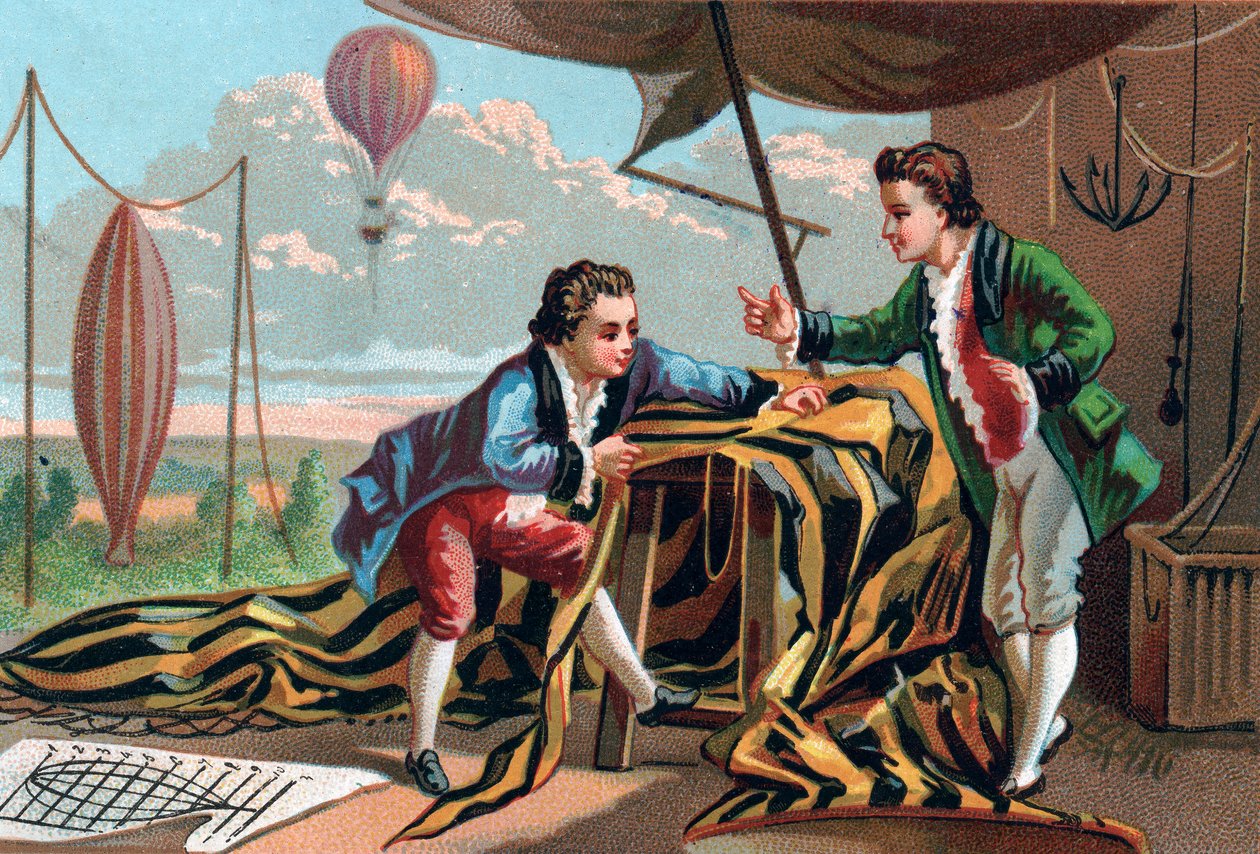 Joseph (1740-1810) i Etienne (1745-1799) de Montgolfier (bracia) wynaleźli aerostaty w 1783 roku. Późna chromolitografia z XIX wieku. autorstwa Unknown artist