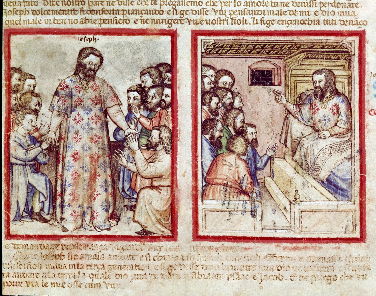 Józef ciężko chory w wieku 110 lat wybacza swoim braciom, którzy przed nim pokłony. Miniatura z kodeksu 212 (albo kodeksu padovano lub Biblii z Padwy) 1390-1400 Rovigo, Accademia dei Concordi autorstwa Unknown artist