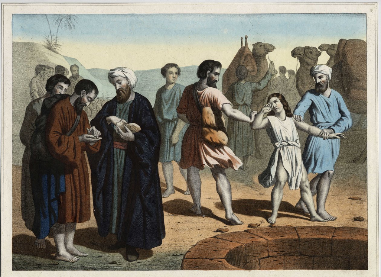 Józef Patriarcha, sprzedany przez swoich dziesięciu zazdrosnych braci, którzy chcą, aby zniknął. Anonimowy rycina z XIX wieku. autorstwa Unknown artist