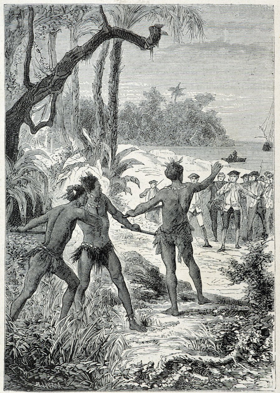 Podróż kapitana Jamesa Cooka (1728-1779) do Nowej Gwinei: pierwsze spotkanie z tubylcami, ilustracja zaczerpnięta z „Wielkich marynarzy XVIII wieku”” autorstwa Unknown artist