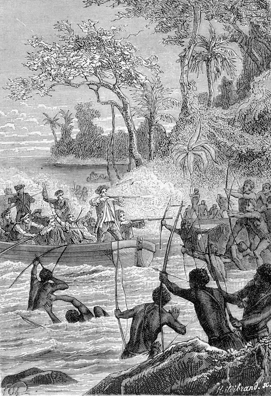 Podróż Carteret na Ils of Santa Cruz, a nie na wyspę Nendo (Santa Cruz, Ndeni, Nitendi czy nawet Ndende): Atak tubylców uderzeniami strzał - ilustracja zaczerpnięta z „Wielkich marynarzy XVIII wieku” ” autorstwa Unknown artist